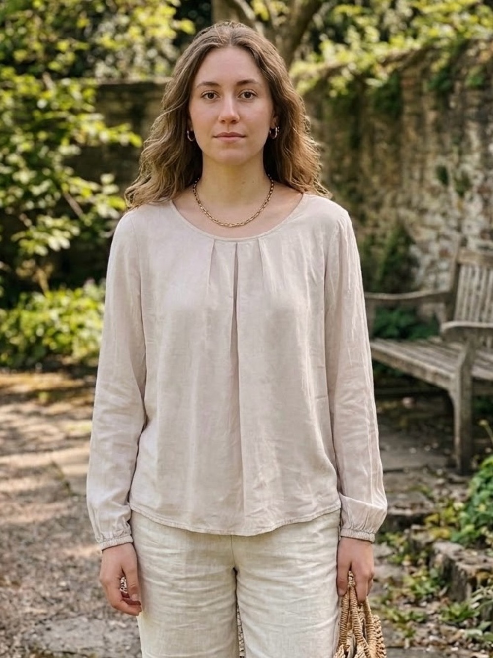 Light Pink Long-Sleeve Pleat Front Women's Top